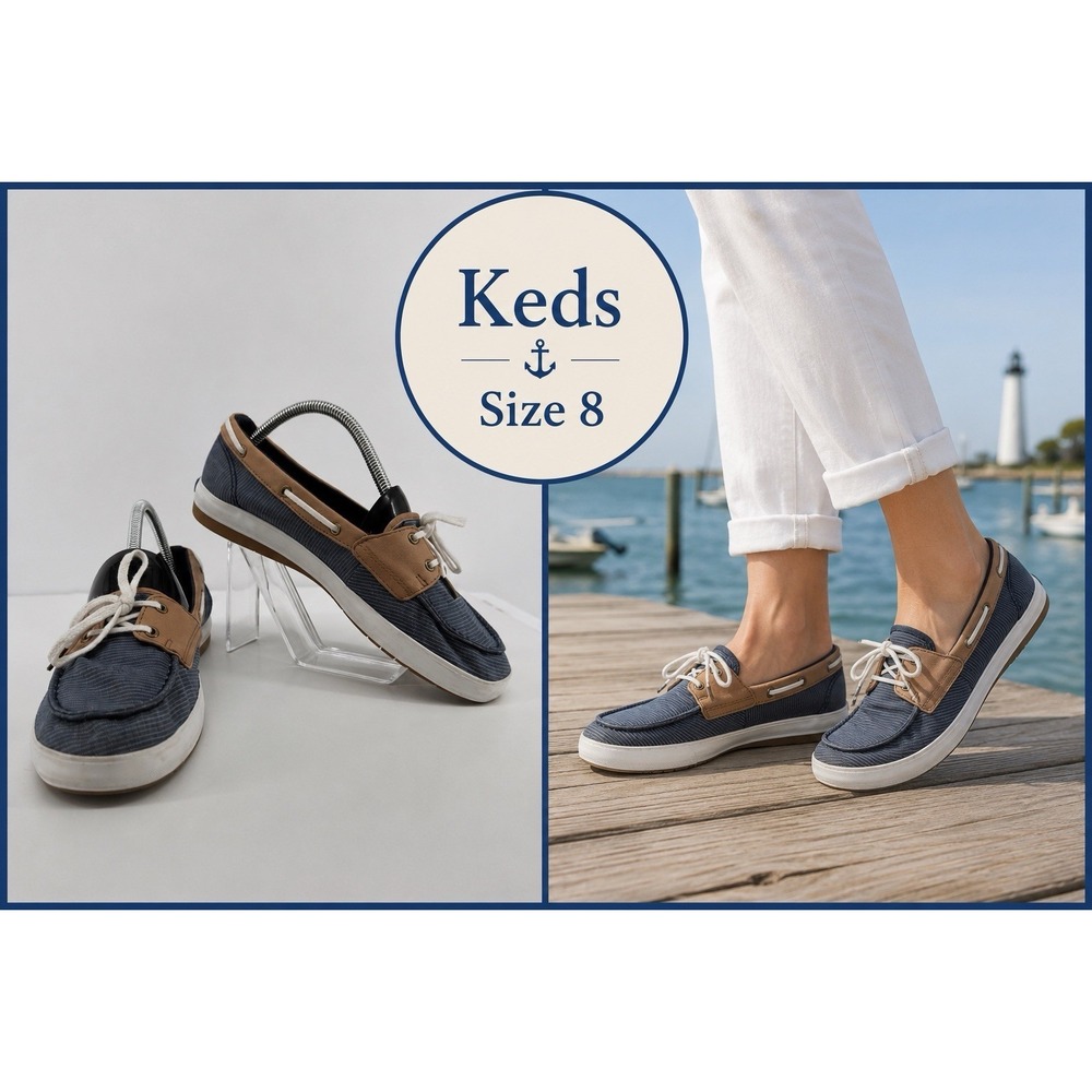Keds Coastal Preppy Boat Shoes Navy Stripe Tan Trim Lace Up Comfort Size 8 Foam